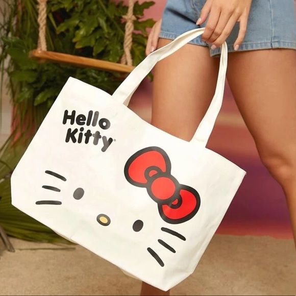 Hello Kitty canvas tote bag cartoon Sanrio cute fun cream white shopping - Picture 6 of 7